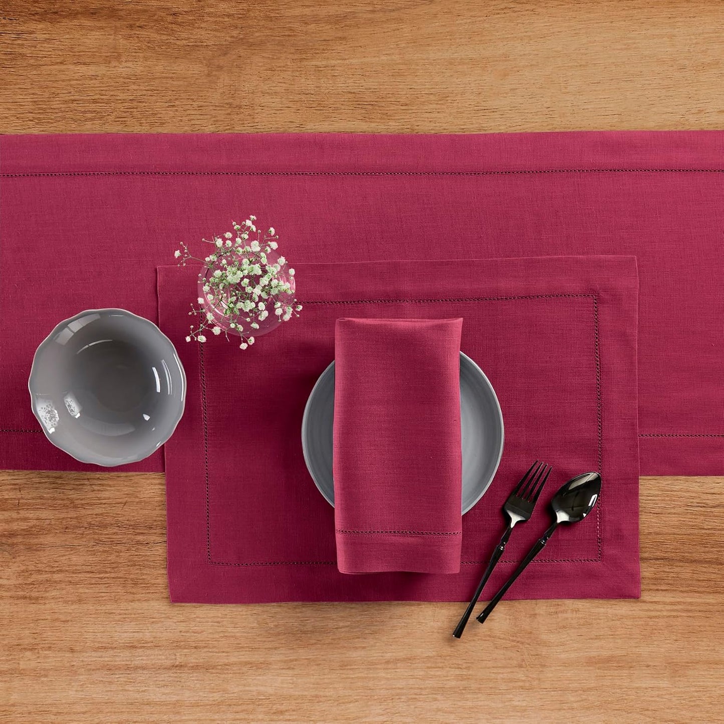 Solino Home Linen Beet Table Runner 108 Inches Long - 100% Pure Linen Hemstitch 14 x 108 Inch Table Runner for Dining, Fall, Autumn, Thanksgiving, Christmas, Holiday - Classic Hemstitch