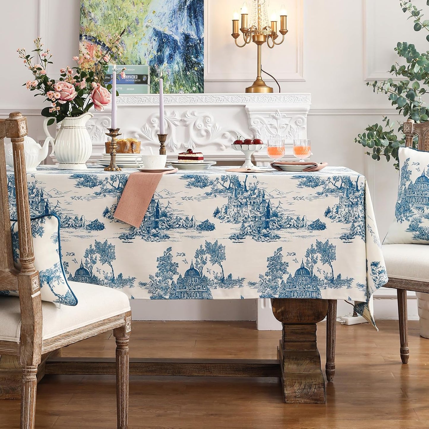 patdrea Designer Vintage Cyan Extra Long Tablecloth for Rectangle Table,Linen Ancient Castle and Manor Pattern Tablecloths,Decor for Kitchen Dining Christmas,Thanksgiving,63"x110"-Lucerne a