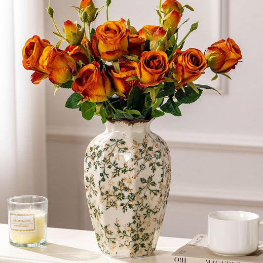 Vintage Pastoral Octagonal Vase, Green and Beige Retro Ceramic Flower Vase, Rustic Farmhouse Vases Chinoiserie Floral Large Vase for Home Decor, Living Room, Kitchen, Bedroom and Shelf 9.1 Inch