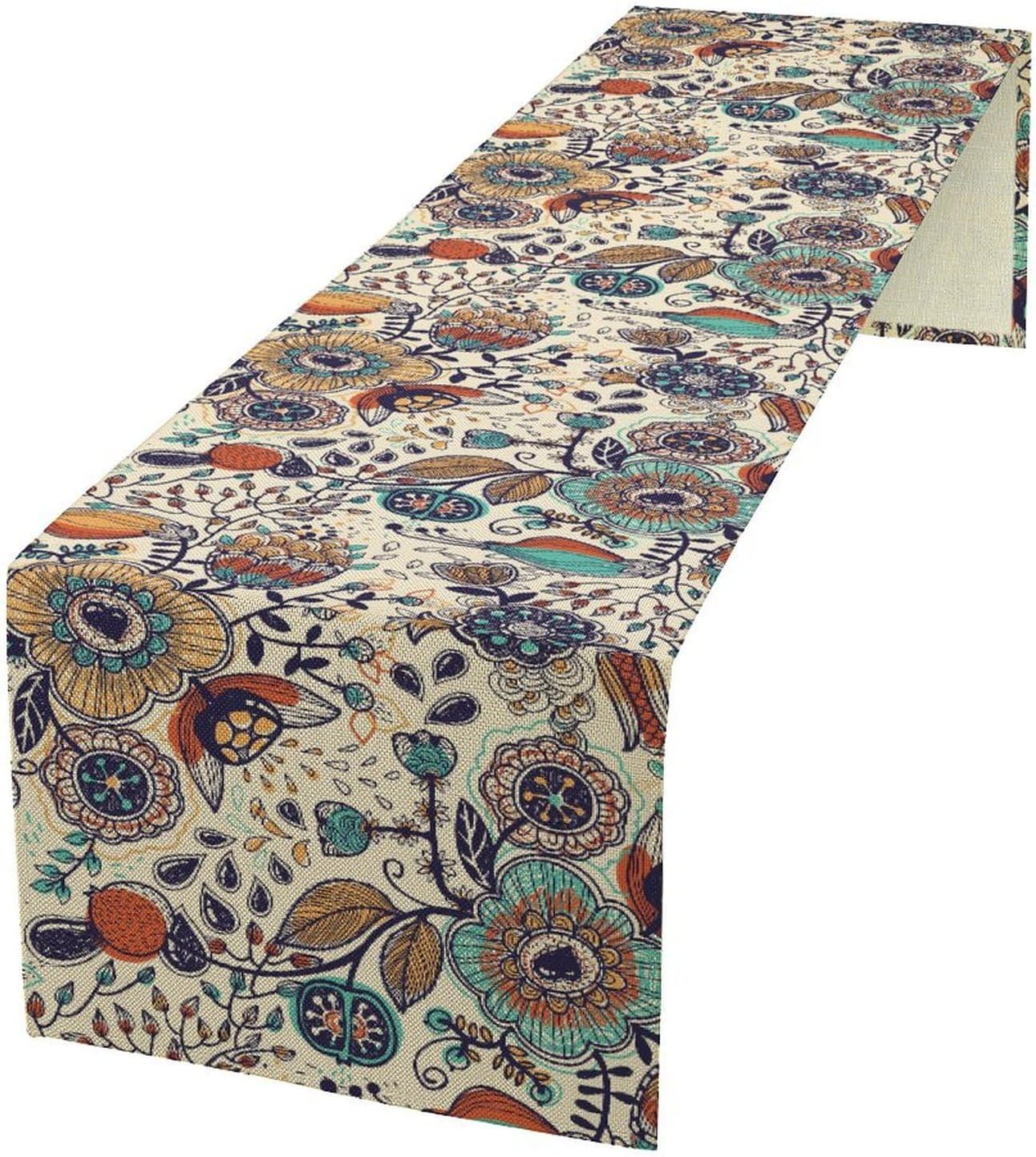 Boho Floral Table Runner,Vintage Flowers Tropical Plants Country Style Table Cloth Kitchen Dining Table Home Party Decoration 13x108 Inch