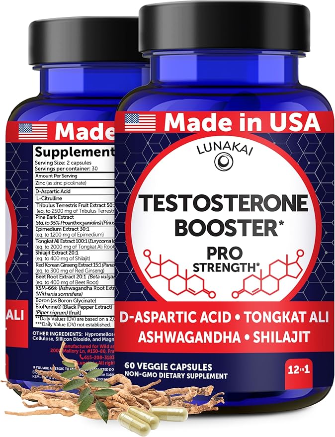 Lunakai USA Made Natural Testosterone Booster for Men with Tongkat Ali, Ashwagandha & Shilajit - Testosterone Supplement for Strength, Energy & Stamina, 60ct