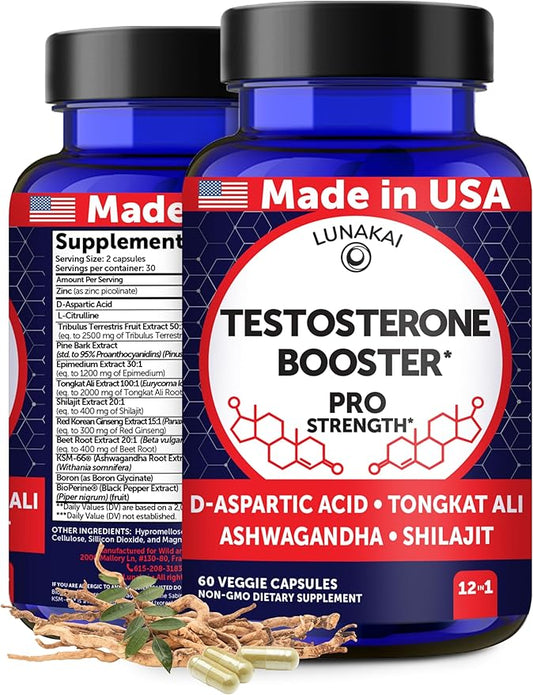 Lunakai USA Made Natural Testosterone Booster for Men with Tongkat Ali, Ashwagandha & Shilajit - Testosterone Supplement for Strength, Energy & Stamina, 60ct