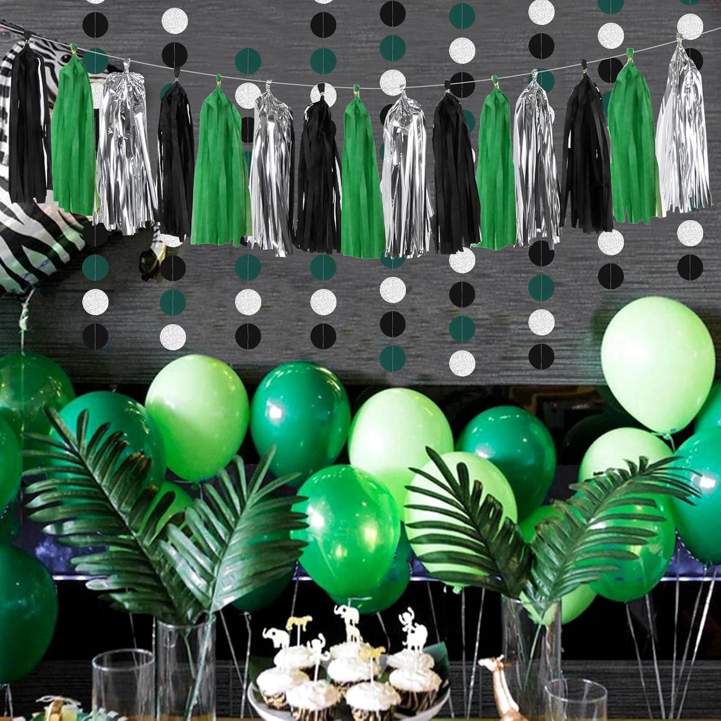 Black Green Silver Football Party-Decorations - 33pcs Banner,Soccer Graduation Streamers Tassel Garland,Tissue Pom Poms Honeycomb,Paper Lantern Fans,Men Boys Birthday Spring Summer Jungle Decor Hugtmr