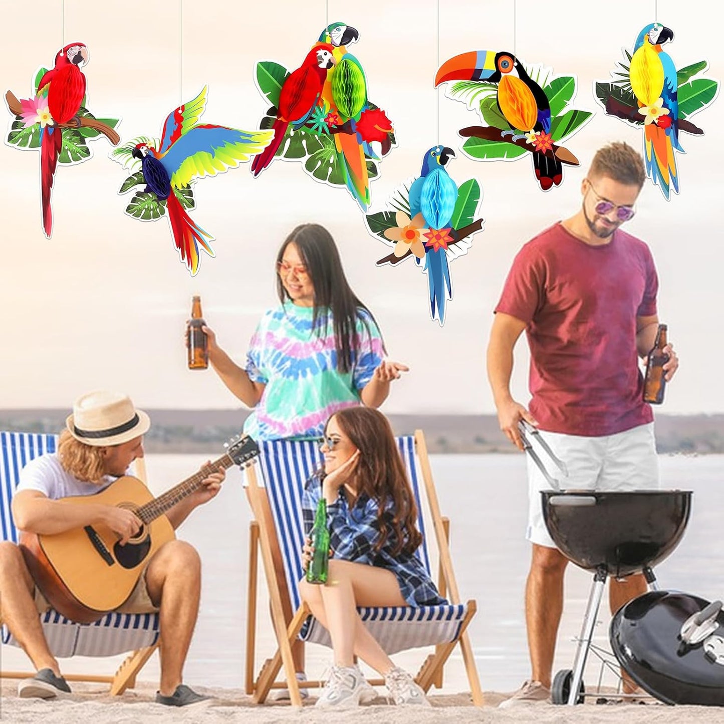 6Pieces Tropical Birds Honeycomb Parrot Paper Cutouts Decorations, Hawaiian Party Hanging Parrot Decorations for Luau Summer Rainforest Party Indoor Outdoor