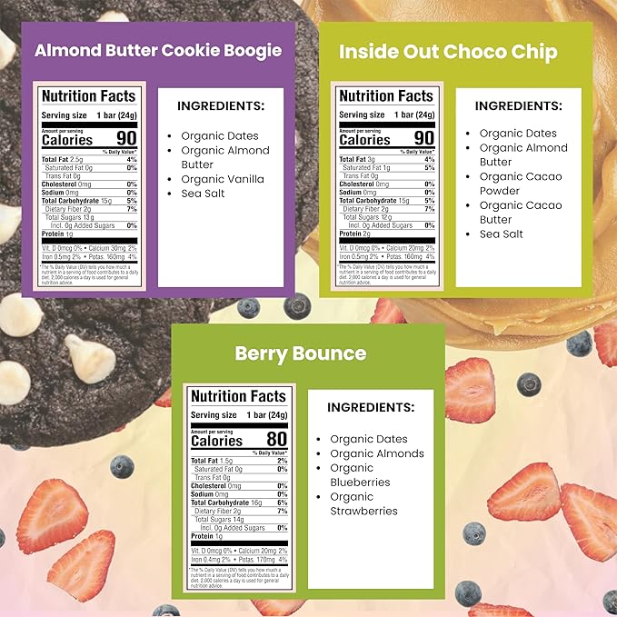 Bearded Brothers Yumster Yo! Bearded Brothers Yumster Yo! Bar Vegan Kids Bars with Plant Based Protein Organic Kids Snacks Soy, Dairy, Gluten Free, Non-GMO - 25 Pack Variety Pack (10 x Almond Butter Cookie / 10 x Inside Out Choco Chip / 5 x Berry Bounce)