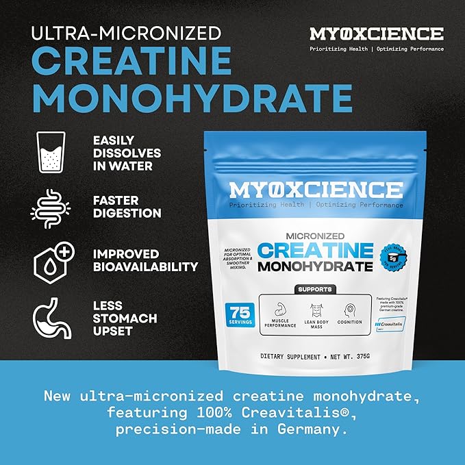 MYOXCIENCE Micronized Creatine | with 100% Creavitalis—The World’s Purest Micronized Form of Creatine Monohydrate | Supports Muscle Performance, Lean Body Mass, & Cognition | 75 Servings