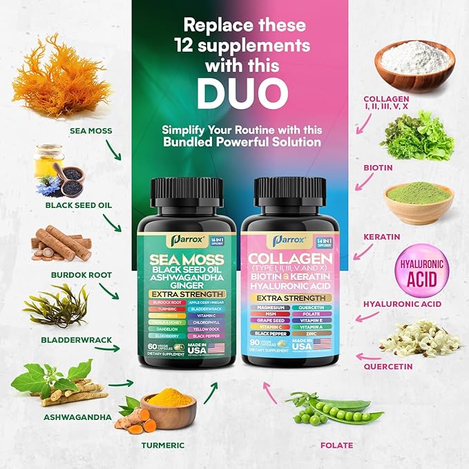 Radiant Wellness Bundle -Sea Moss, Black Seed Oil, Ashwagandha, Ginger, Collagen Types I II III V X, Biotin, Keratin, Hyaluronic Acid, Burdock Root, Turmeric, Vitamin D3, Magnesium (2 Pack)