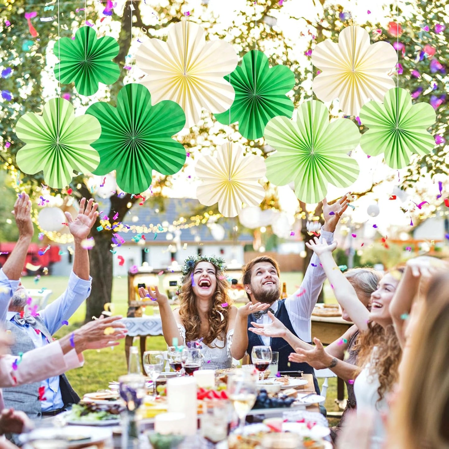 SUNBEAUTY Paper Flowers Decorations for Wall Paper Fans Classroom Decoration Paper Floral Backdrop Decor Paper Fans Decoration Hanging Paper Fans Green Flower Wall Decor,Set of 9