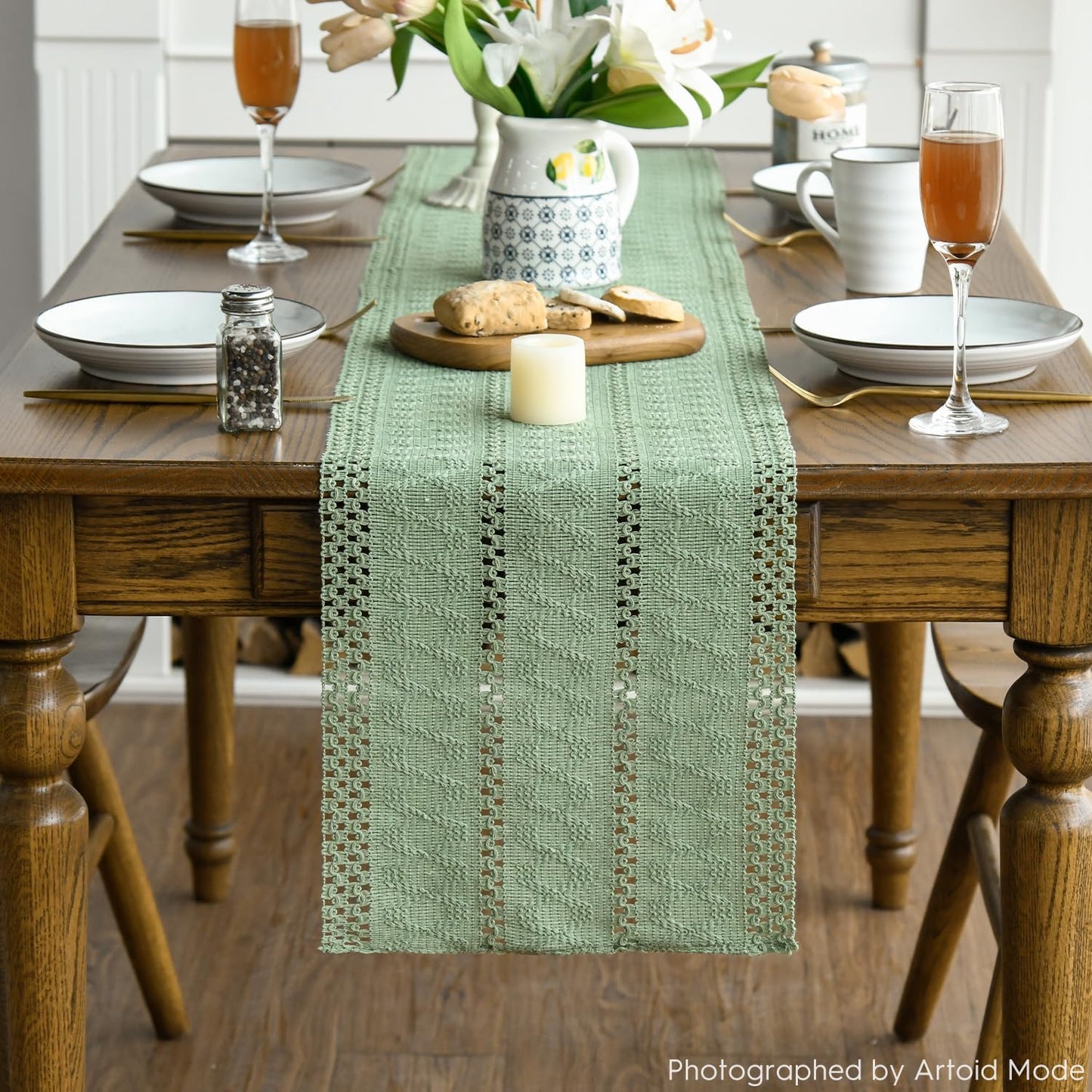 Artoid Mode Light Green Farmhouse Woven Rustic Hollow Table Runner, Seasonal Holiday Hollow Kitchen Dining Table Decoration for Home Party Decor 12x108 Inch