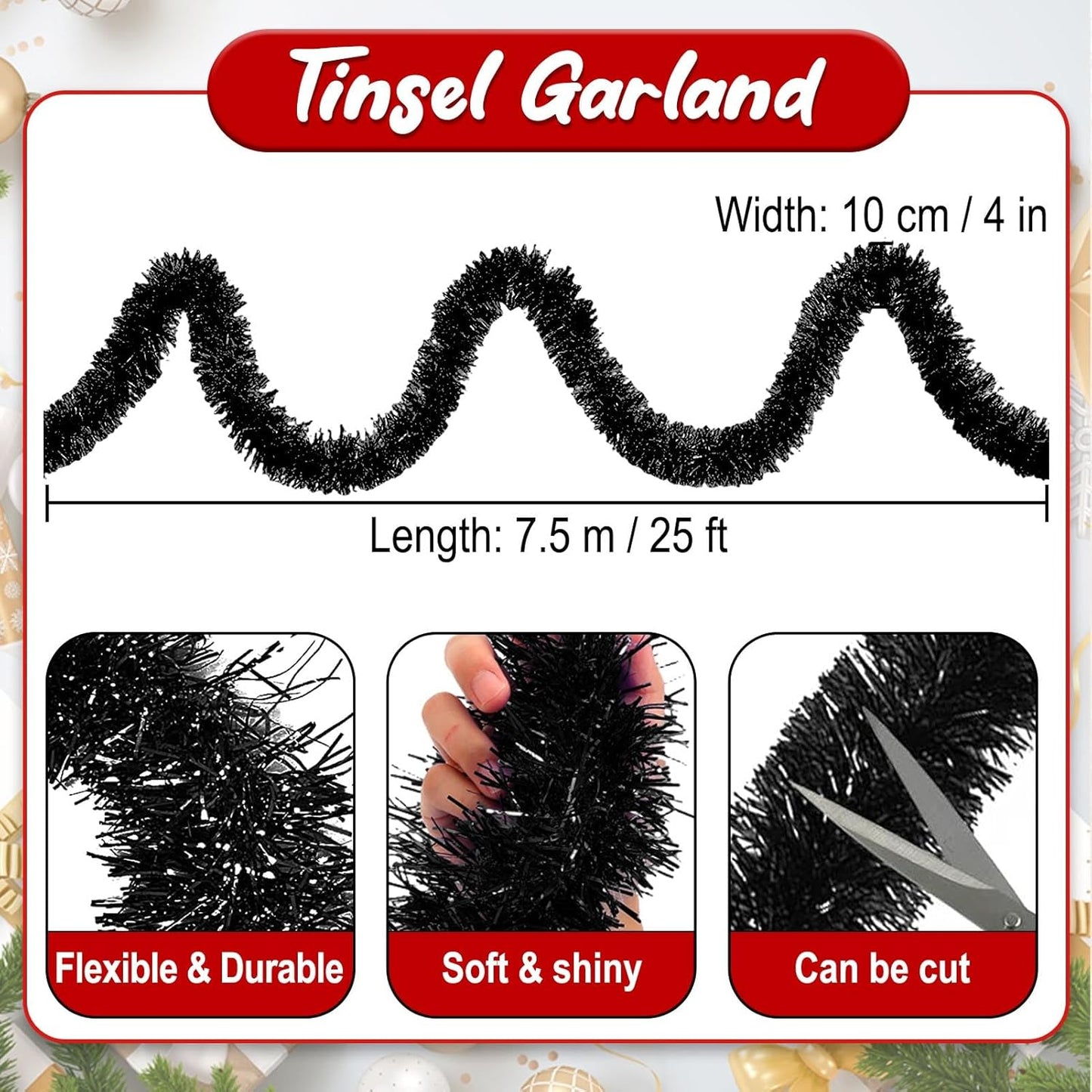 25 Feet Black Christmas Tinsel Garland, Metallic Foil Twist Banner Wall Hanging Tinsel Streamers Backdrop for Parade Floats, Christmas, Mother's Day, Birthday Party Decorations(4in x 25ft)