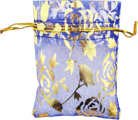 QIANHAILIZZ 100 Pack 2.8 x 3.5 Inch Flower Heart Organza Jewelry Gift Pouch Candy Pouch Drawstring Wedding Favor Bags B511S (royalblue gold flower)