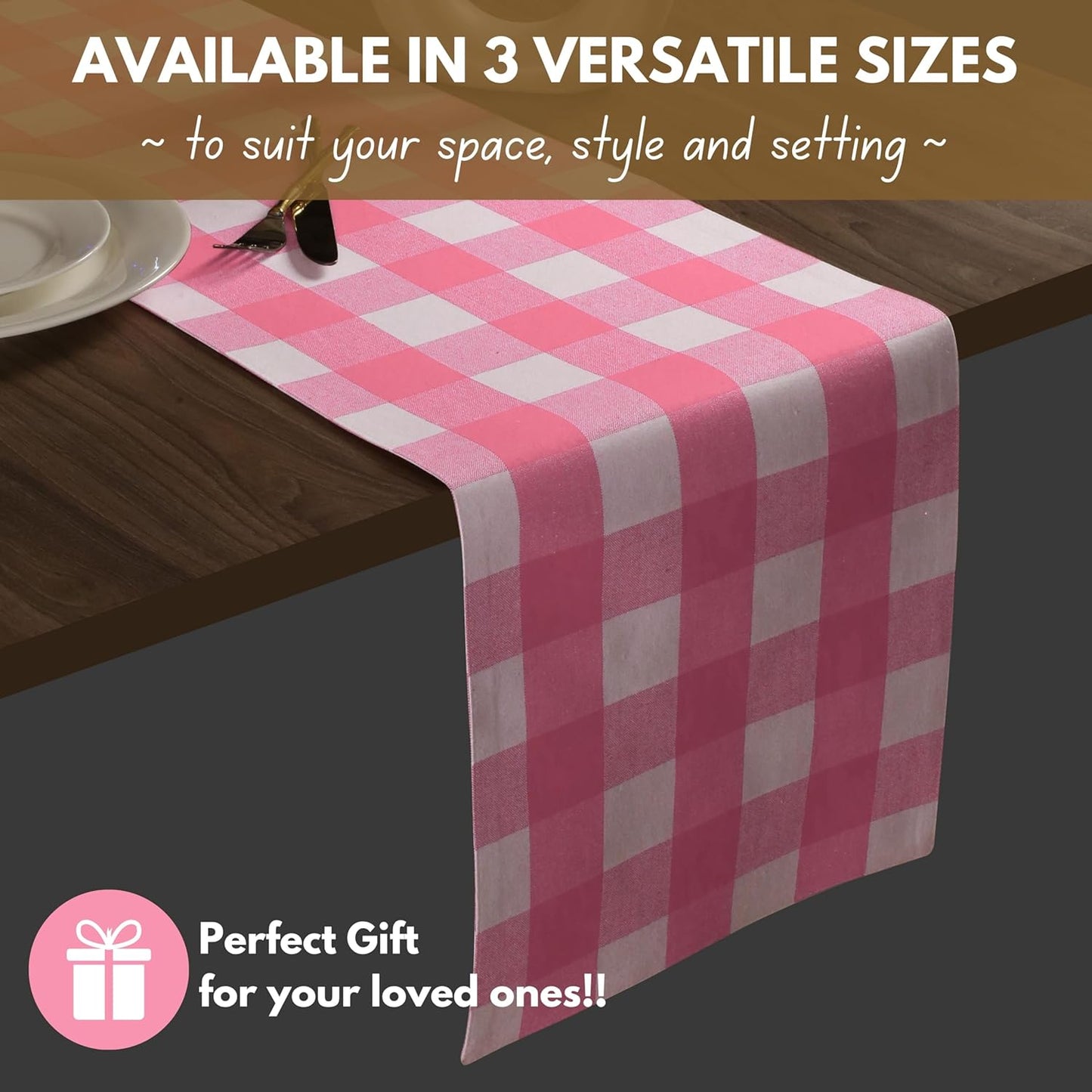 Native Fab Table Runner Buffalo Check Plaid 100% Cotton - 13x72 Inches Kitchen Dining Table Decoration for Indoor Outdoor Farmhouse Home Party Decor - Pink and White