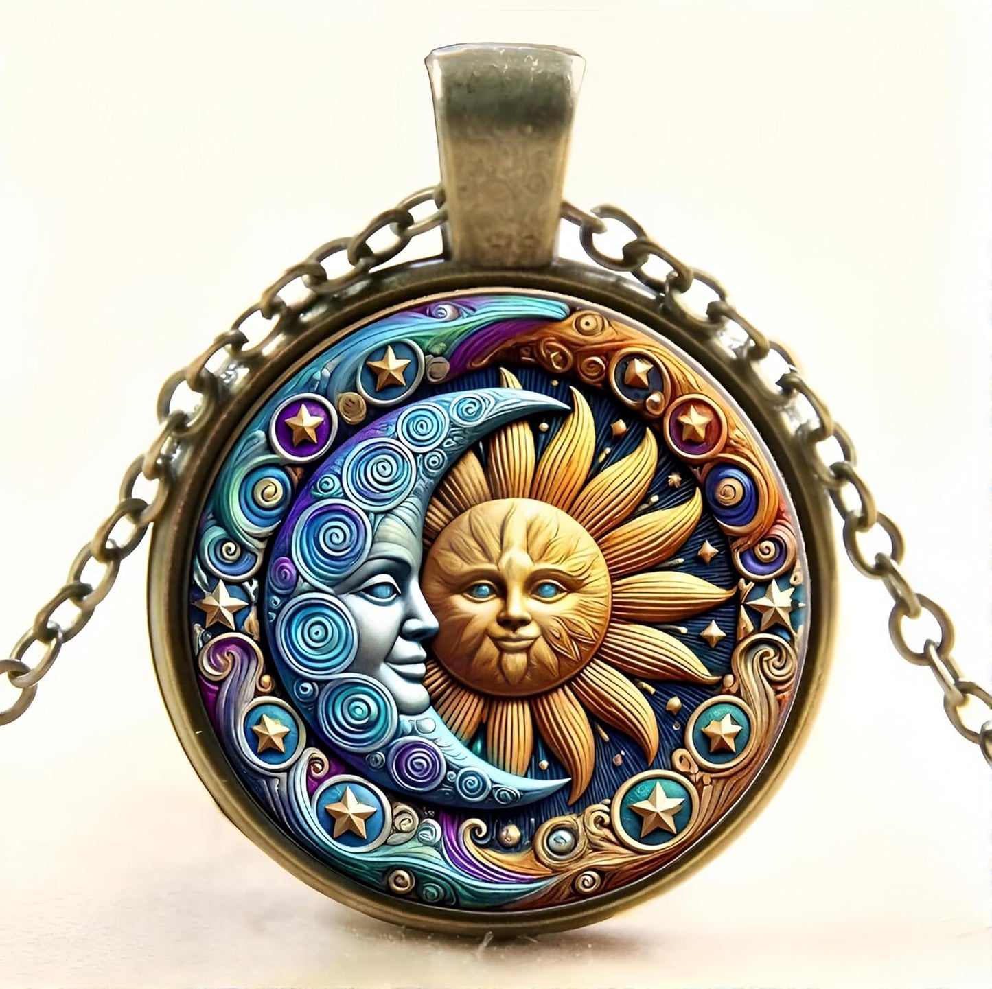 1pc Stunning Round Pendant Necklace - Unique Sun & Moon Pattern, Oil Painting Style Glass Mosaic, Alloy Construction, Trendy Sweater Chain, Fashionable Gift for Women - Christmas or Birthday Gift