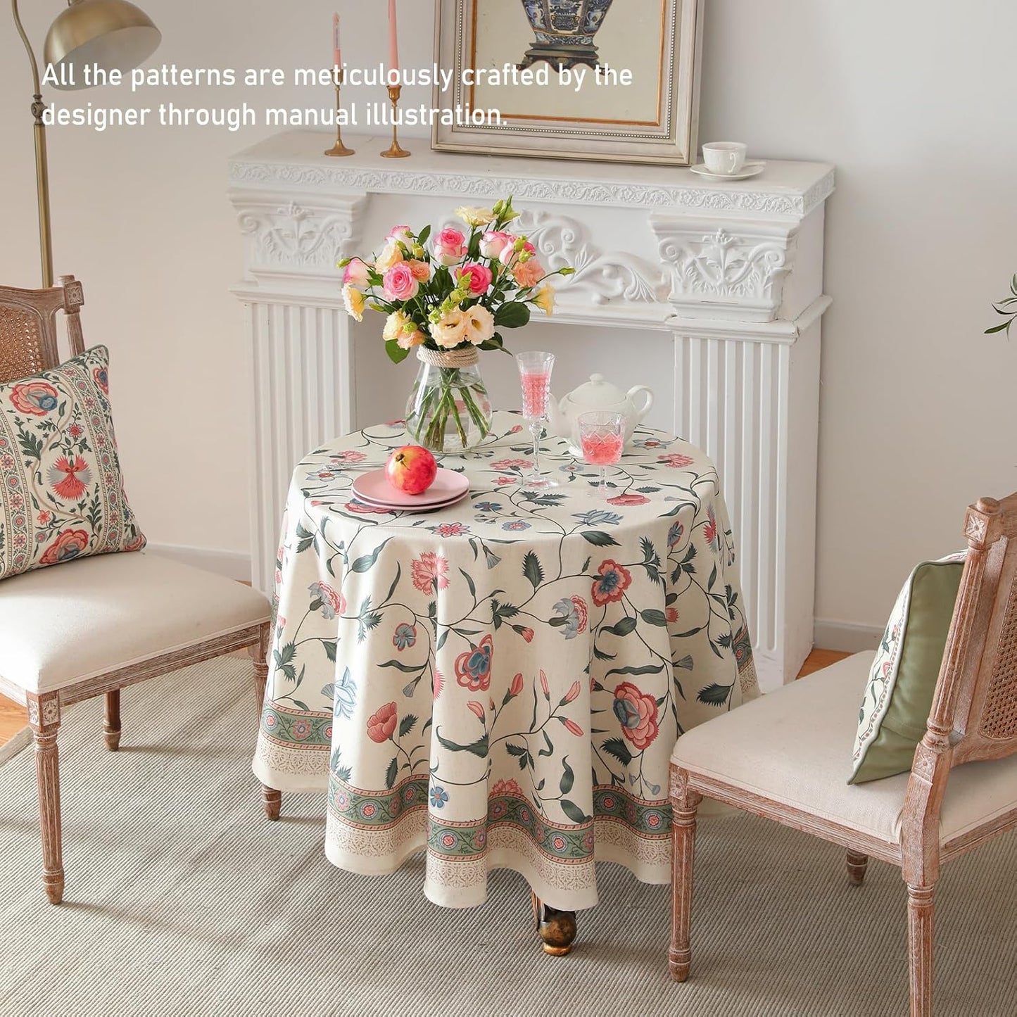 ISAENNE Designer Chinoiserie Linen Floral Small Round Tablecloth,White Wrinkle Resistant Table Cloth,Elegant Decor Tablecloths for Dining Thanksgiving Kitchen Christmas,Diameter 55"-Daffy