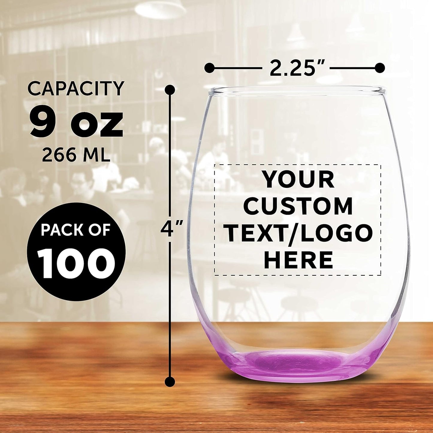 Custom Stemless Wine Glass 9 oz. Set of 100, Personalized Bulk Pack - Great for Wedding Favors, Bachelorette Party Decorations, Party Favors, Color Bottom - Pink