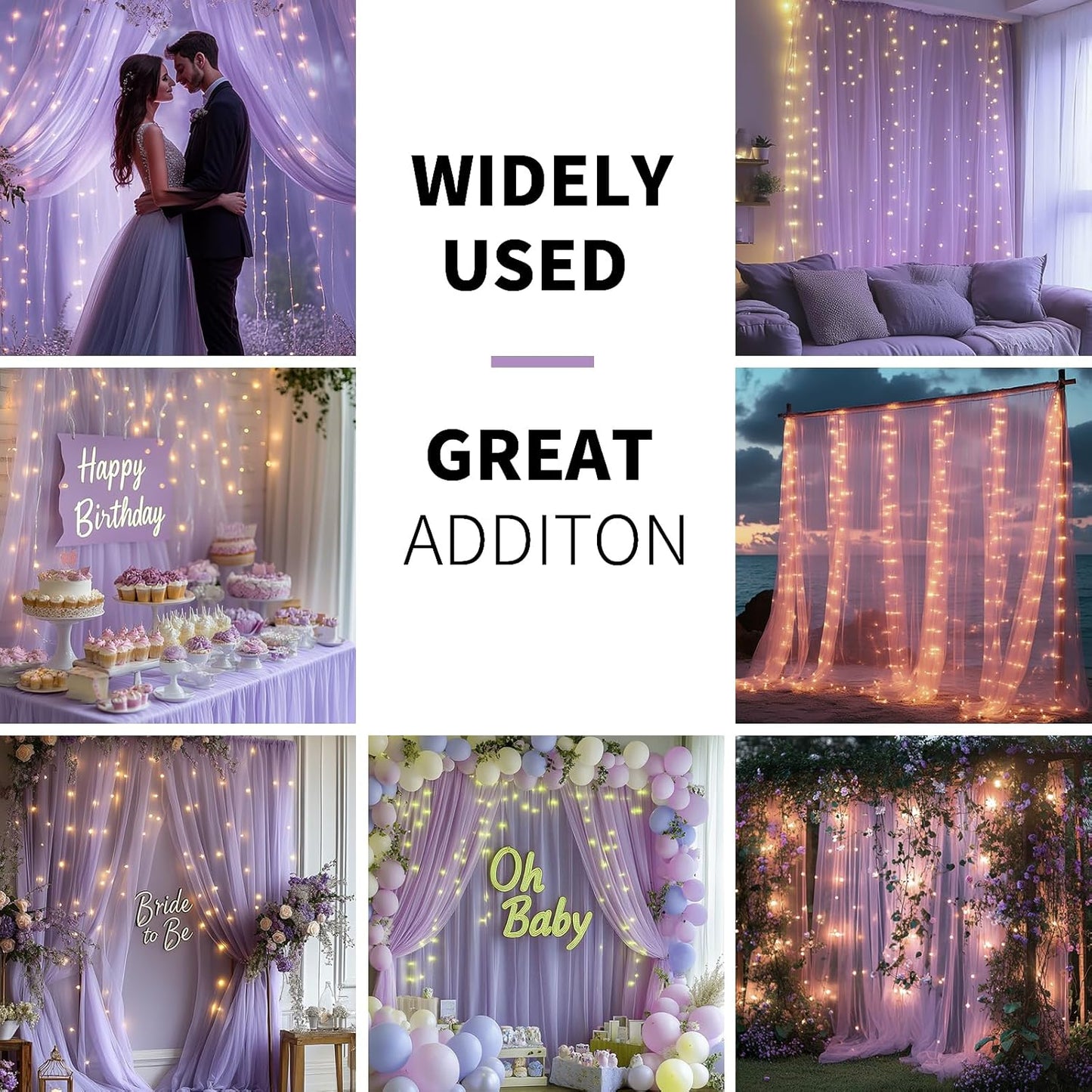 Lavender Tulle Backdrop Curtain with Lights String - 10x10ft Sheer Backdrop with 300 LEDs for Wedding, Baby Shower, Bridal Shower, Birthday Party Photo Shoot Background and Home Decorations
