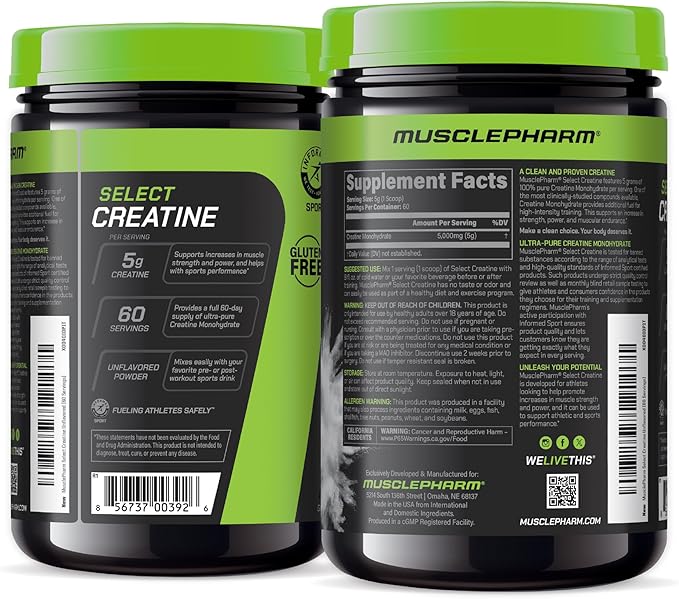 MusclePharm Creatine Monohydrate Powder, Pre Workout Muscle Builder & Post Workout Muscle Recovery Supplement, Ultra-Pure 100% Monohydrate Creatine Powder, 60 Servings, Unflavored