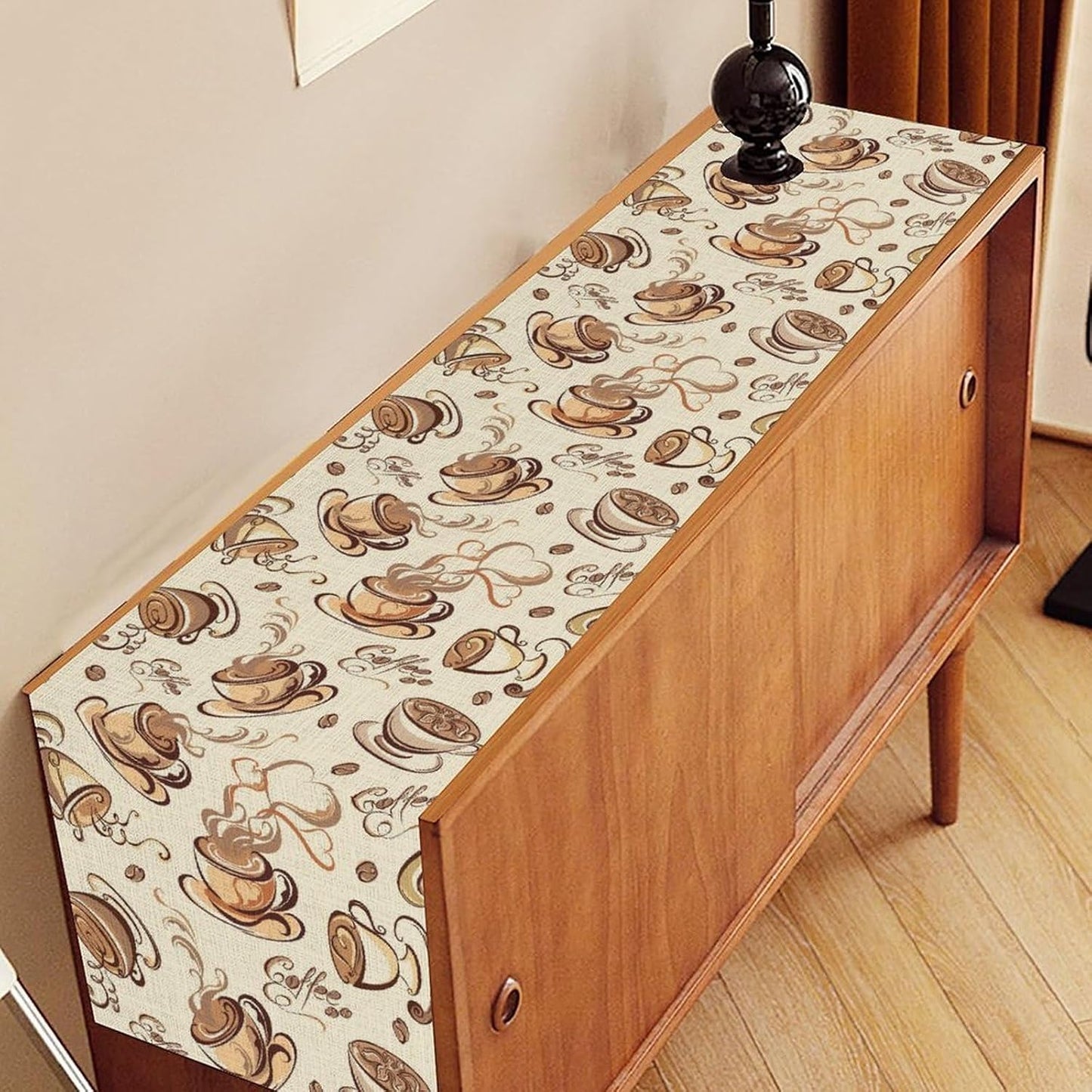 Coffee Time Table Runner, Farmhouse Retro Coffee Cup Tea Party Cafe Table Center Decor for Home Kitchen Dining Patio Holiday Party Indoor Outdoor Table Decorations,13"x36" Inch