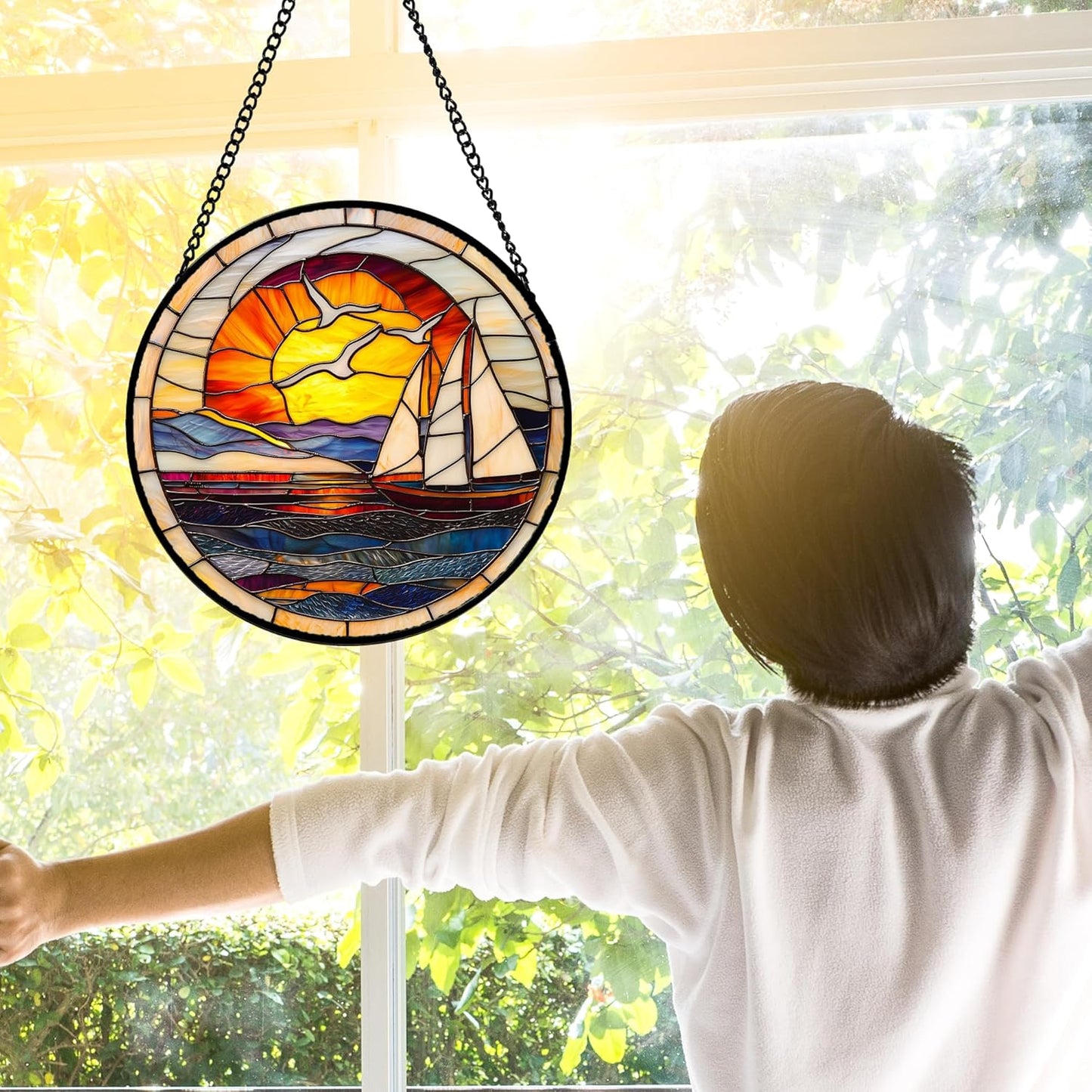 Stained Glass Window Hanging, Sun Ocean Sailboat Seagull Abstract Suncatcher Diamond Glass Panel Sun Catchers Decor for Birthday for Women, Men, Wife, Aunt, and Mom 9.8 in