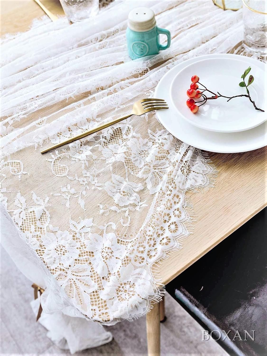 BOXAN 60x120 Inch Gorgeous White Lace Tablecloth Overlay Rose Vintage Embroidered, Romantic Boho Wedding Reception Table Decor, Baby & Bridal Shower Décor, Elegant Chic Outdoor Tea Party Tablecover