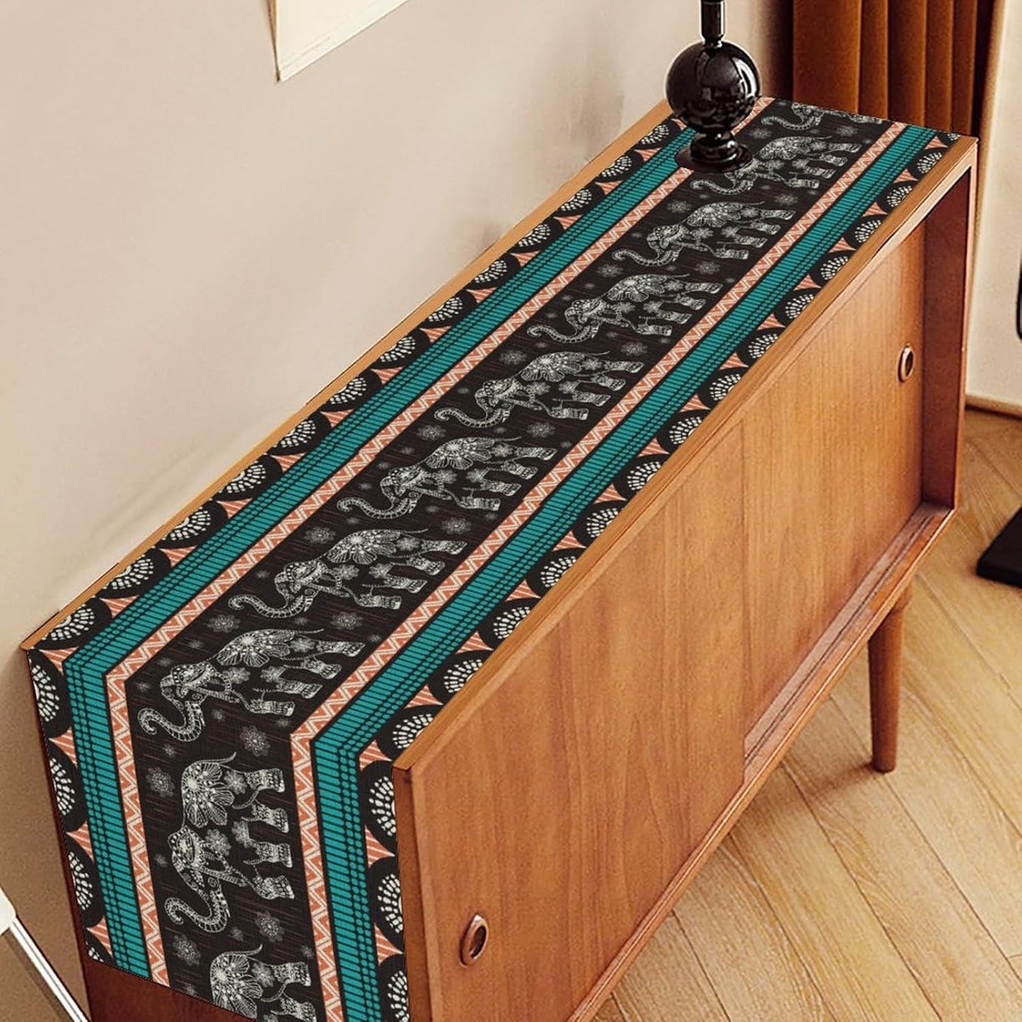 Boho Elephant Table Runner, Vintage Tribal Traditional Bohemian African Animals Ethnic Folk Table Center Decor for Home Kitchen Dining Patio Holiday Party Indoor Table Decorations, 13"x108" Inch