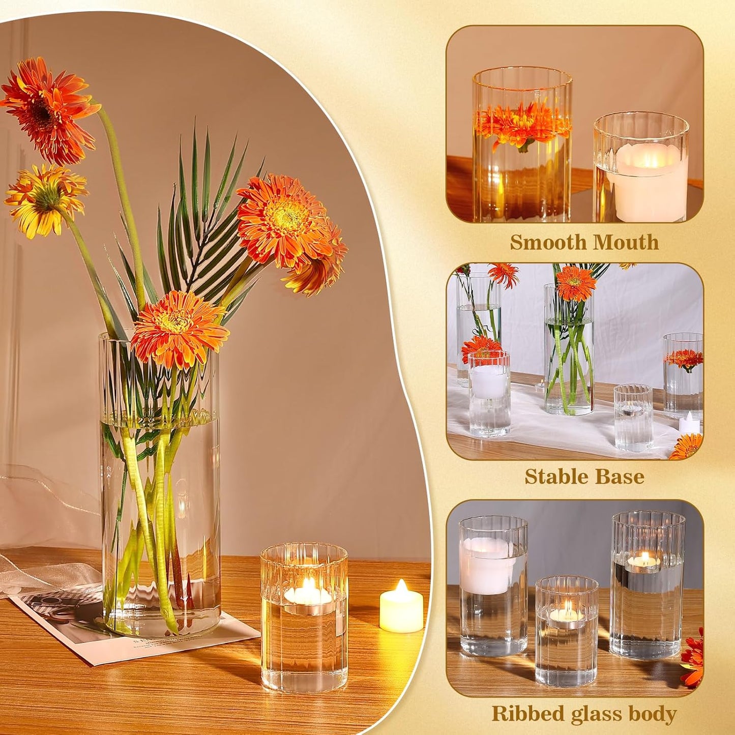 3 Pack Ribbed Glass Cylinder Vases 4,6,10 Inch Tall Clear Flower Vase Hurricane Floating Candle Holder for Table Centerpiece Wedding Home Decor