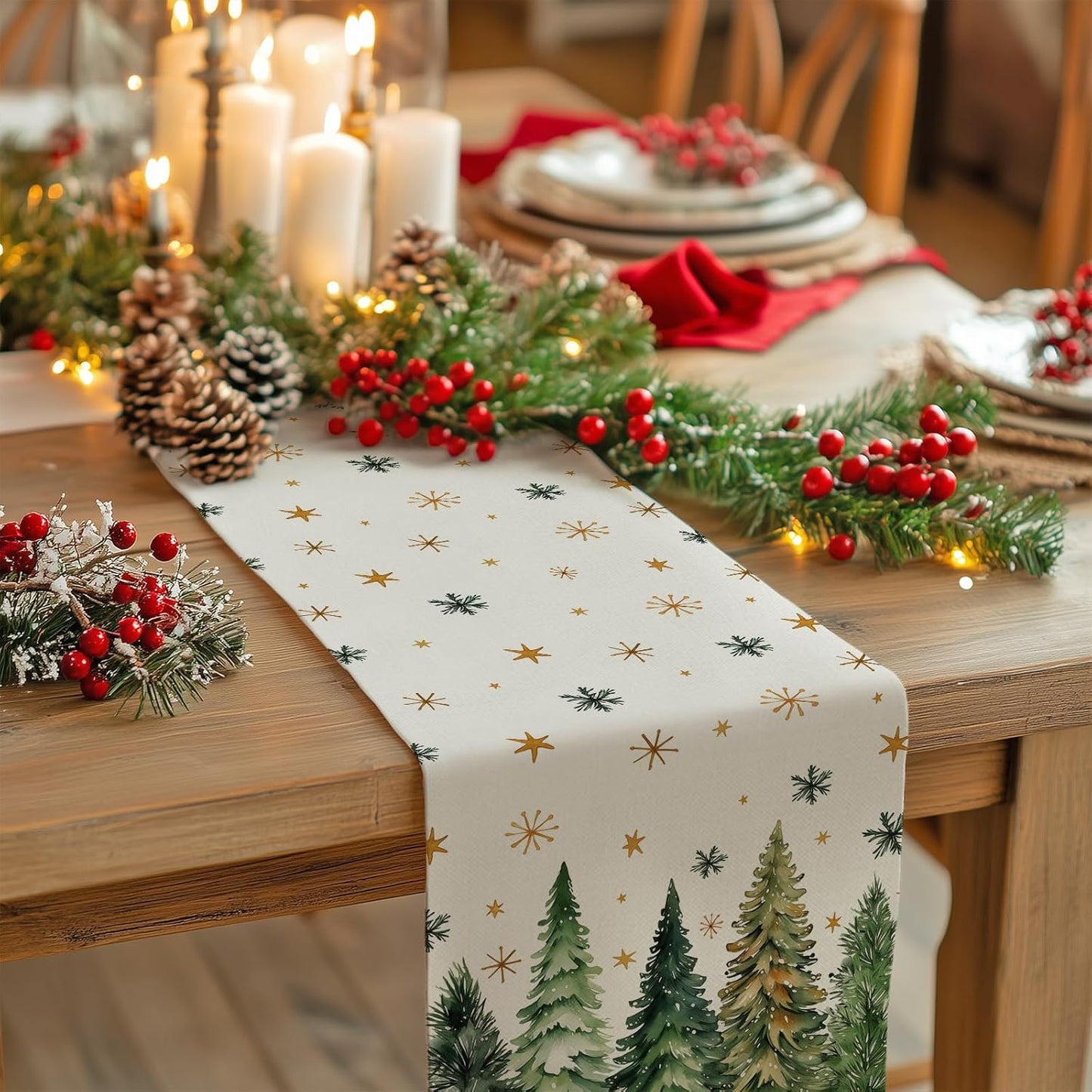 GEEORY Christmas Table Runner 13x60 Inch, Xmas Tees Snowflakes Holiday Decorative Farmhouse Table Decoration for Kitchen Dinning, Indoor Outdoor Dinner Party Decor (Light Green) GT166-60
