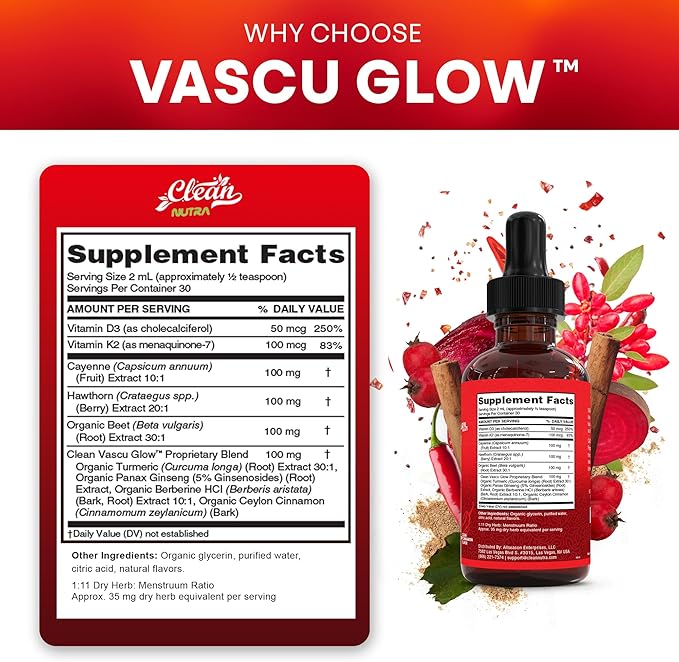 Clean Nutra Cayenne Pepper Drops Supplement Liquid + Hawthorn Berry, Vitamin D3 K2 Beet Root Powder, Ceylon Cinnamon, Turmeric Curcumin, Organic Panax Ginseng, Berberine Extract 1 Pack