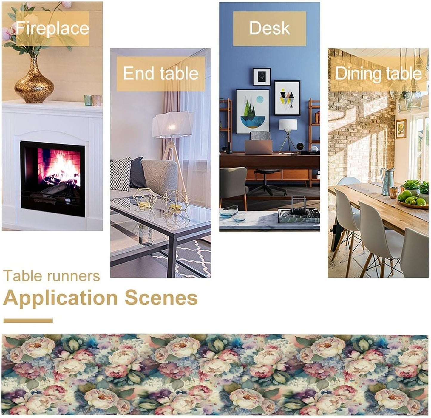 Vintage Floral Table Runner,Girls Women Rose Romantic Leaf Botanical Watercolor Pattern Print Burlap for Hotel Indoors Outdoor Dining Room Kitchen Holiday Party, 13x36in