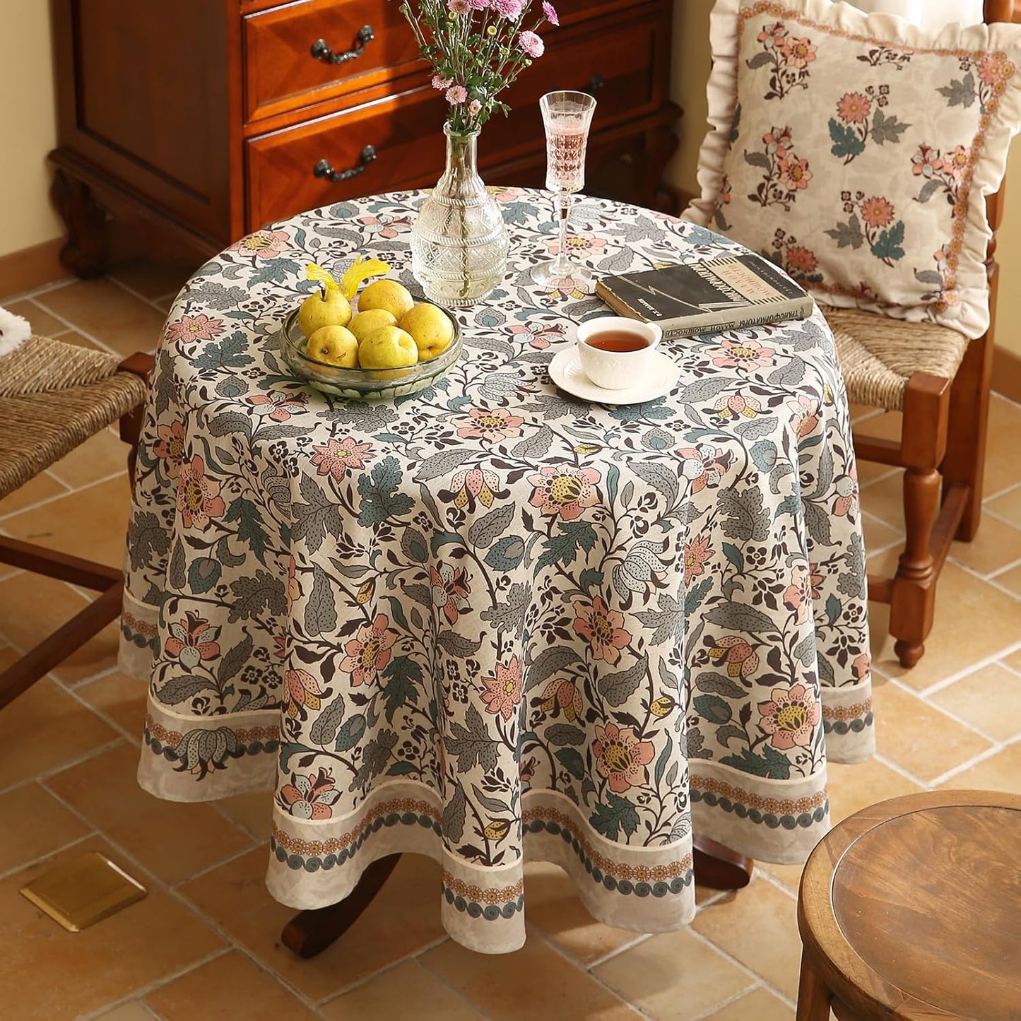ISAENNE Designer Boho Floral Round Tablecloth,Linen Lotus Flower Pattern Colorful Indoor Table Cloth,Durable Decor Tablecloths for Dining Thanksgiving Kitchen Christmas,Diameter 67"-Hazel A