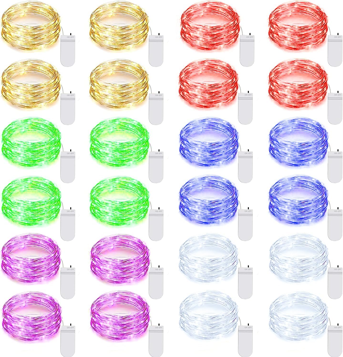 24 Pack LED Fairy Lights Battery Operated 7Ft 20Led Warm White Mini String Lights Waterproof Christmas Lights for Mason Jars Bedroom DIY Party Wedding Multi-Colored