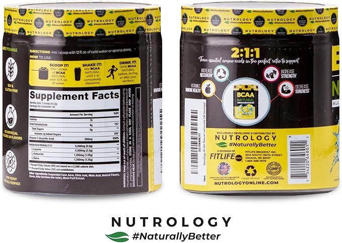 Nutrology BCAA Natural - Plant Based BCAA Powder, Lemonade Flavor, Optimized 2:1:1 Ratio Amino Acids Powder for Pre Workout & Post Workout Recovery, Vegan, Gluten-Free, Non-GMO, 30 Servings