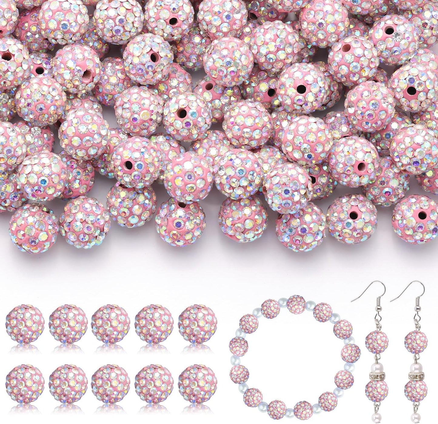 200pcs 10mm Rhinestone Beads for Jewelry Making, Pink AB Shiny Round Disco Ball Beads Bulk, Sparkle Crystal Clay Christmas for Bracelet Baseball Necklace Earring Crafting and DIY