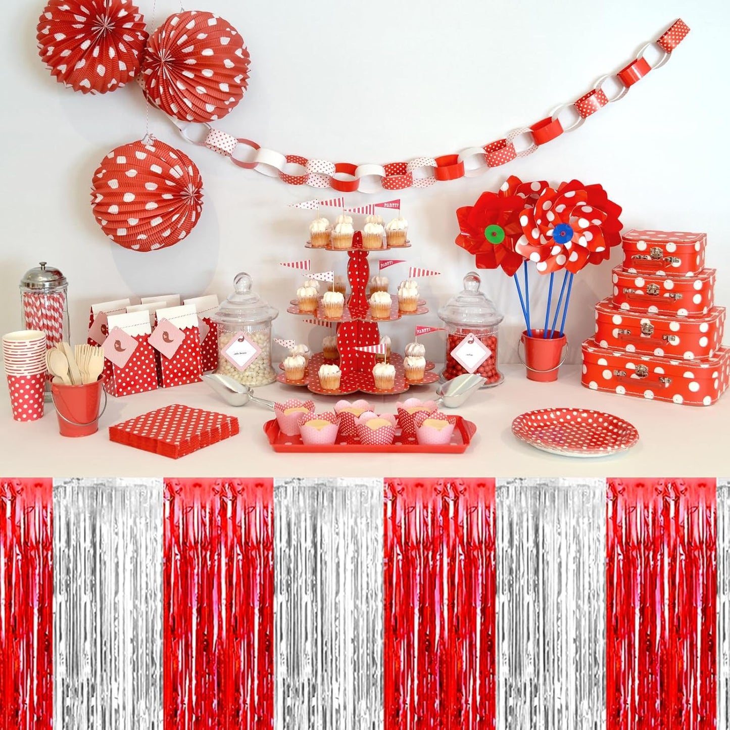 3 Pack 29 x108 Inch Red Silver Foil Fringe Table Skirts Metallic Banner for Tinsel Streamer Garland Backdrop for Parade Floats Wedding Thanksgiving Birthday Christmas New Year Party Decoration