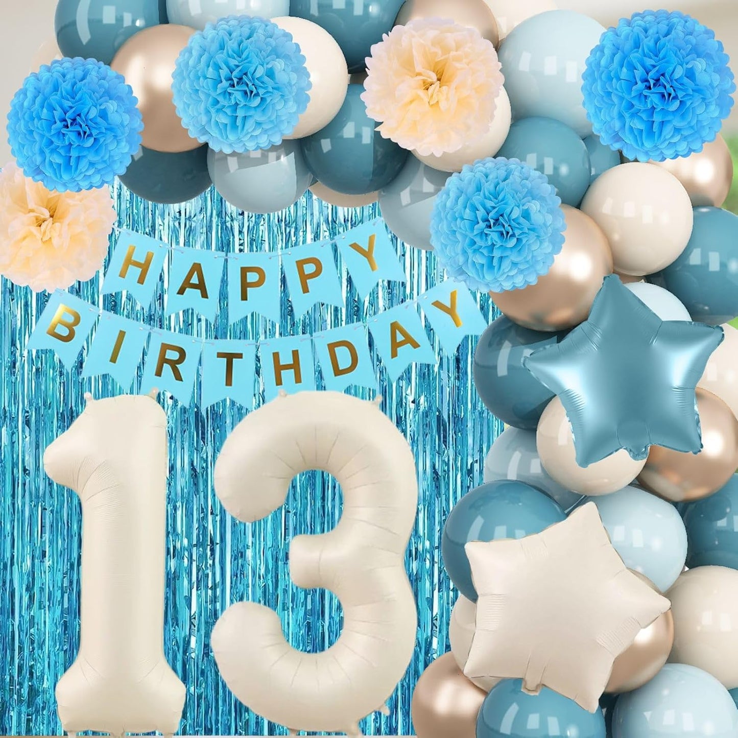 Dusty Blue 13th Birthday Party Decorations Boys Girls Beige Cream Number 13 Balloon with Blue Gold Happy Birthday Banner Fringe Curtain Paper Pom Poms Nude White Sand Champagne Star Foil Balloons