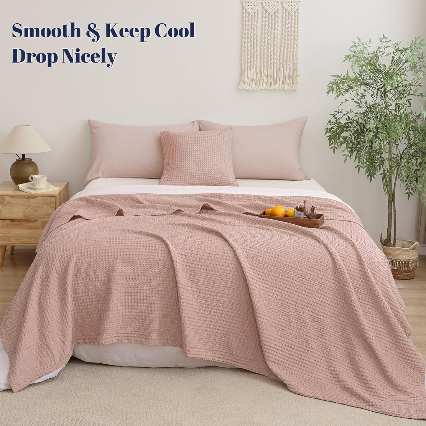 PHF Lightweight Waffle Weave Blanket King Size, Breathable & Ultra Soft, 104"x 90" Soft & Cozy Thin Blanket for All Season & Hot Sleepers, Bed, Home Decor - Rose Pink