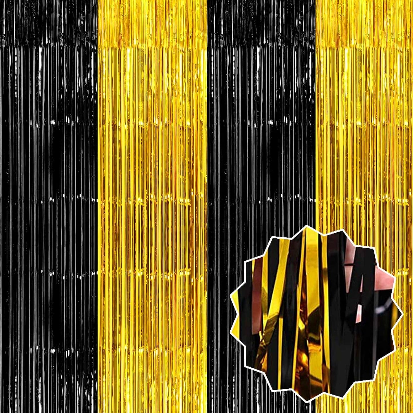 3 Pack Black and Gold Foil Fringe Curtains Backdrop, 3.28 x 9.8 Ft Metallic Streamers Tinsel Curtains Background for Photo Booth, Birthday, Halloween, Christmas, New Year Party Decorations