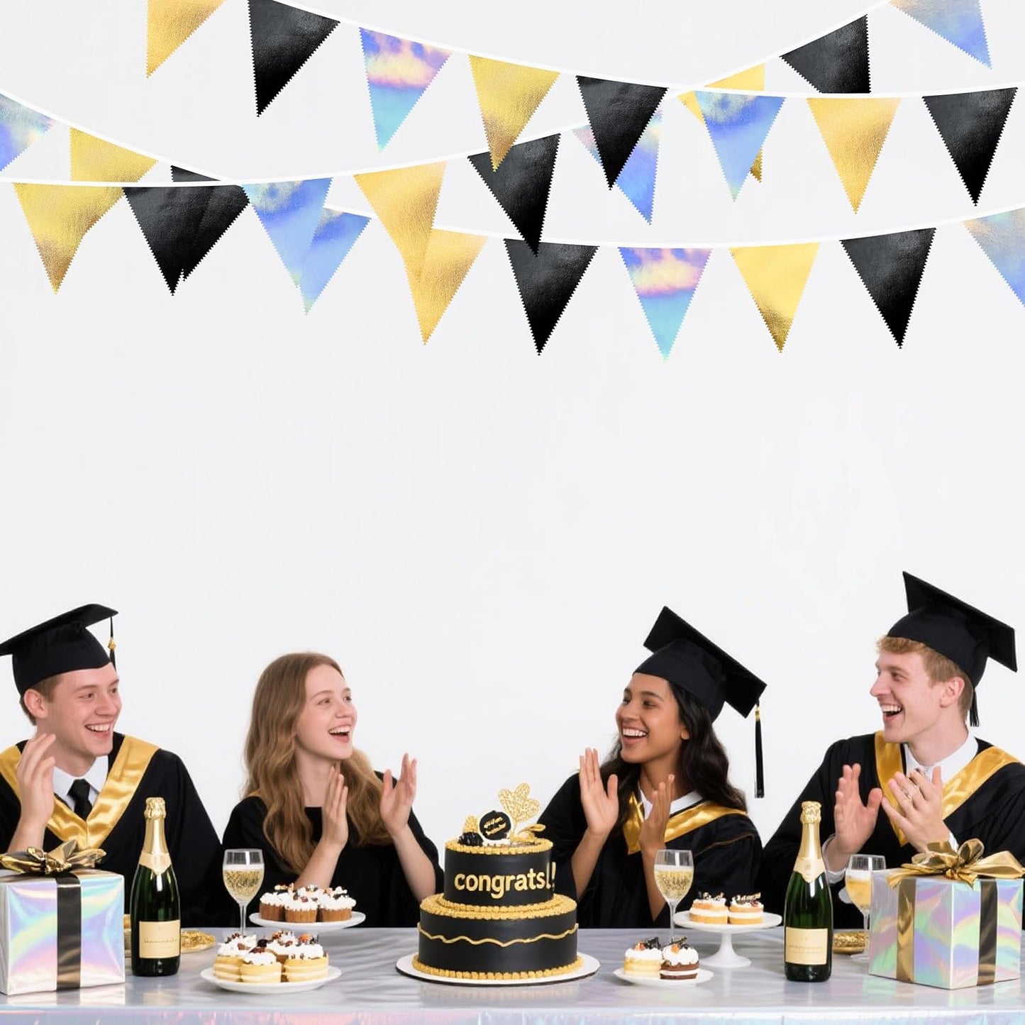 Black Gold Iridescent Party Decorations Triangle Pennant Banner Flag Metallic Fabric Bunting for Birthday Graduation Retirement Wedding Bridal Shower Engagement Bachelorette Disco Party Supplies