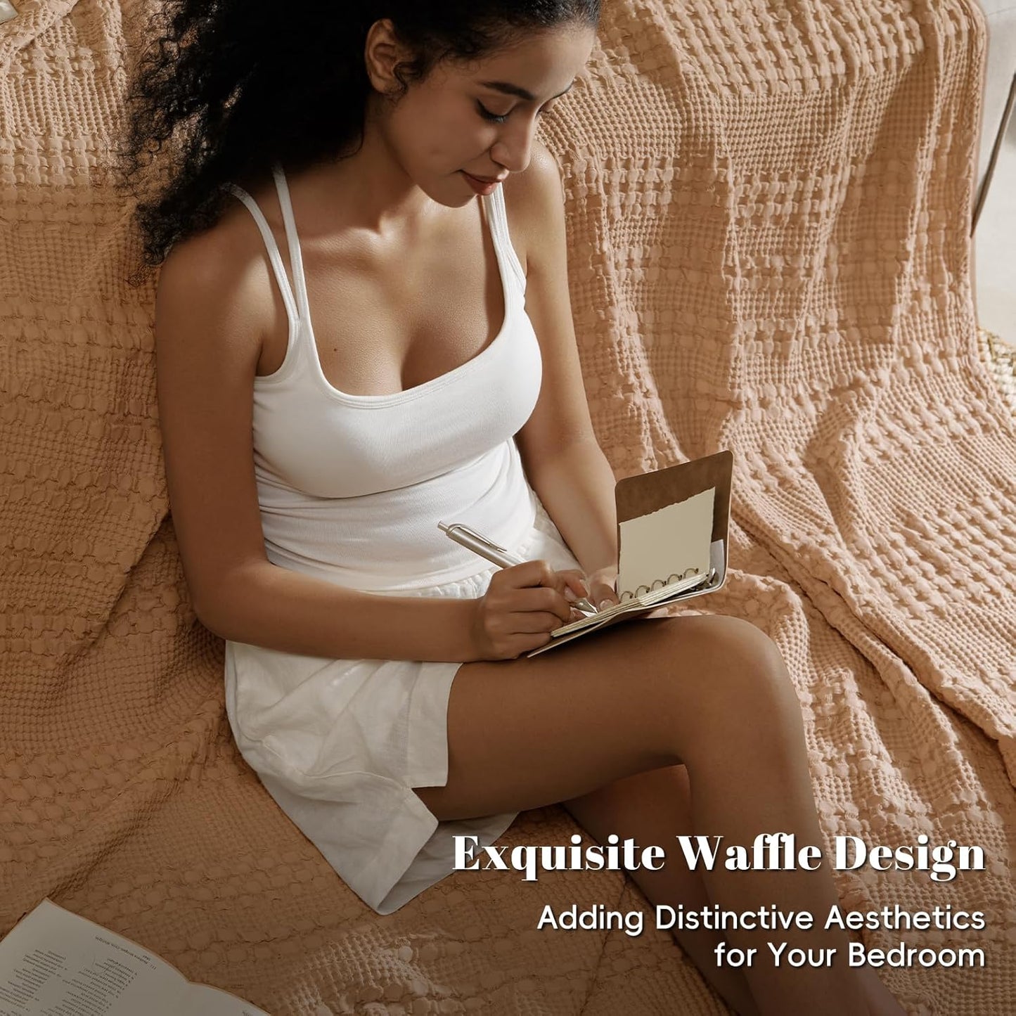 PHF 100% Cotton Waffle Weave Blanket Twin Size for Bed, Soft Lightweight & Breathable, All-Season Comfort, Luxury Aesthetic Woven Bedding for Home Decor, 66"x90", Camel