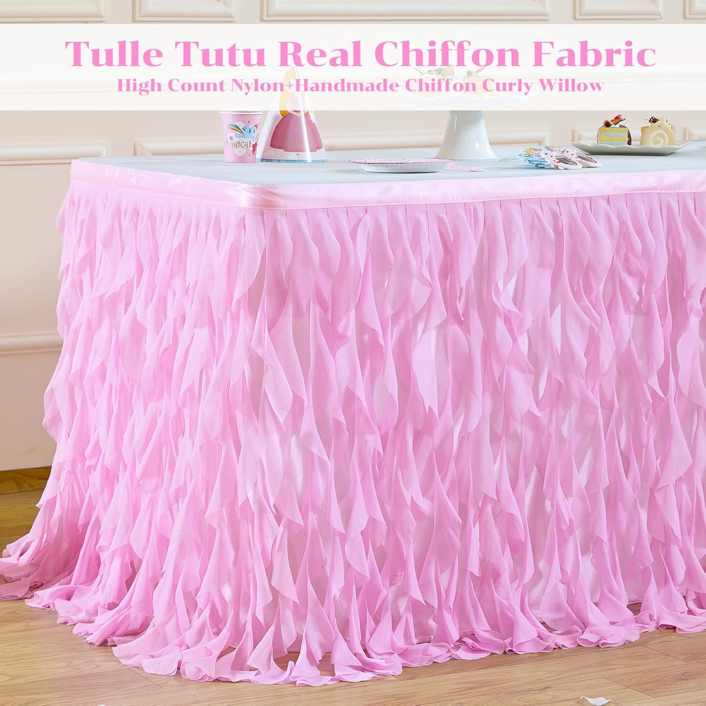 PARTISKY Pink Tulle Curly Willow Table Skirt for Rectangle Table 17ft, Ruffle Tutu Table Cloth for Girls Baby Shower,Birthday Party Candy Cake Tables
