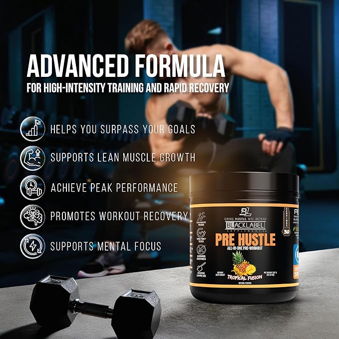 BLACKLABEL Supplements PRE Hustle V3 Pre-Workout Powder – NSF Certified for Sport – Energy, Strength & Endurance Support – Tropical Fusion Flavor – with Creatine & Caffeine – 30 Servings
