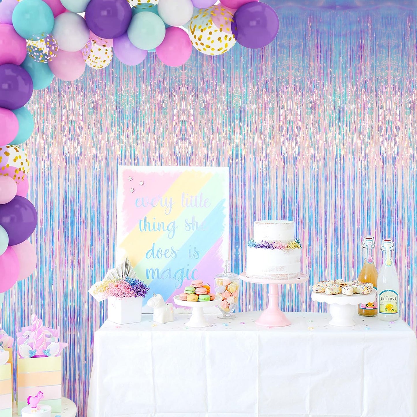 GOER 6.4 ft x 6.5 ft Metallic Tinsel Foil Fringe Curtains,Pack of 2 Party Streamer Backdrop for Mermaid Birthday Party Decorations(Neon Blue)