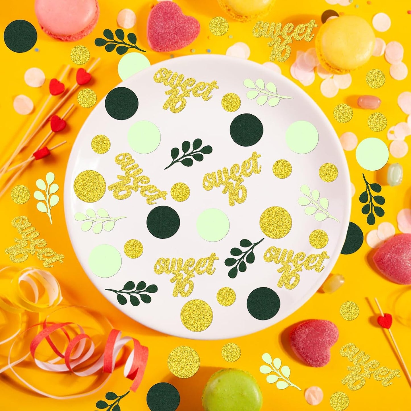 300PC Gold Glitter and Sage Green Sweet 16 Party Decorations Greenery Happy 16th Birthday Confetti for Table Sweet Sixteen Party Decor Supplies