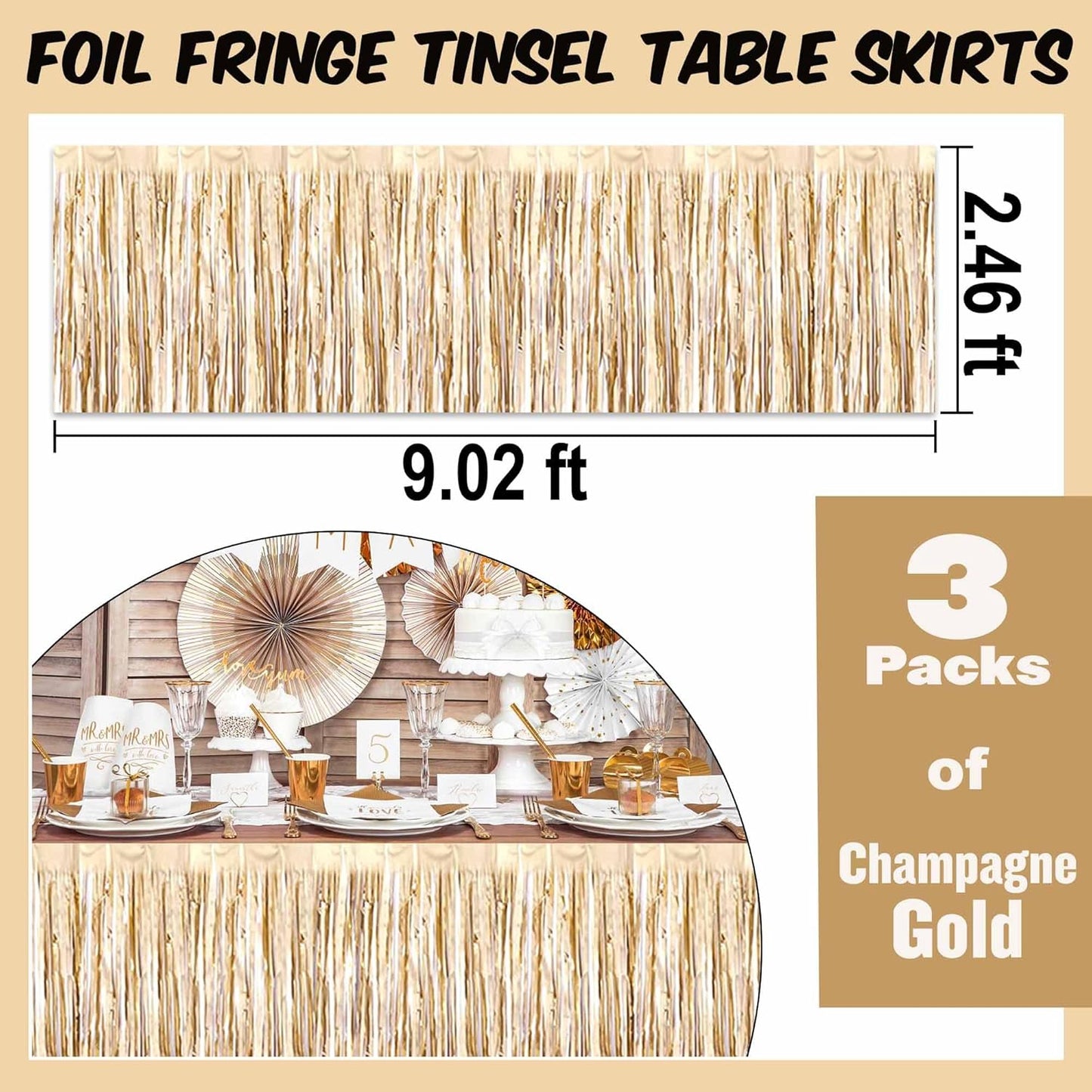 3 Pack 29 x108 Inch Champagne Gold Foil Fringe Table Skirts Metallic Banner for Tinsel Streamer Garland Backdrop for Parade Floats Mother's Day, Graduate, Birthday, Wedding Party Decoration