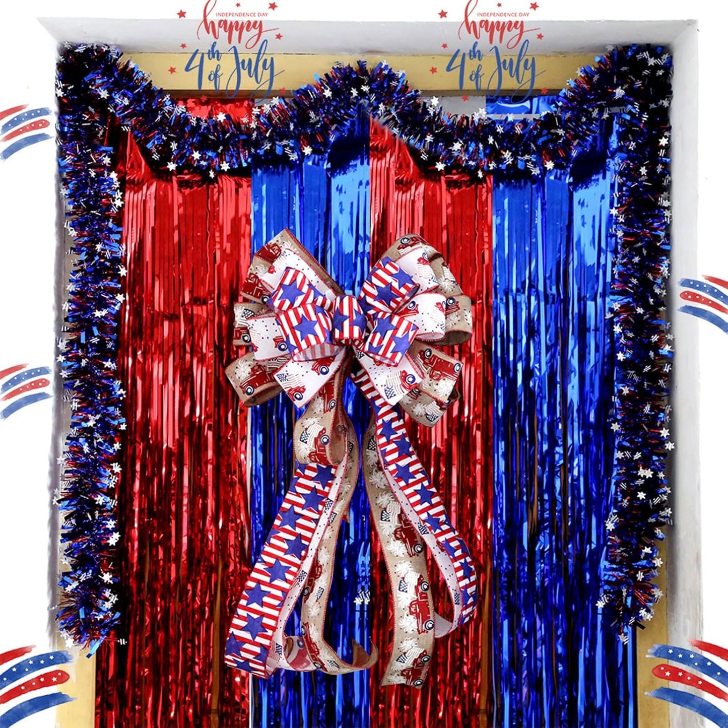 CANREVEL 2 Pack 3.3x8.2 Feet Blue and Red Foil Fringe Backdrop Curtains, Tinsel Streamers Birthday Party Decorations, Fringe Backdrop for Graduation, Carnival, Circus Theme Party
