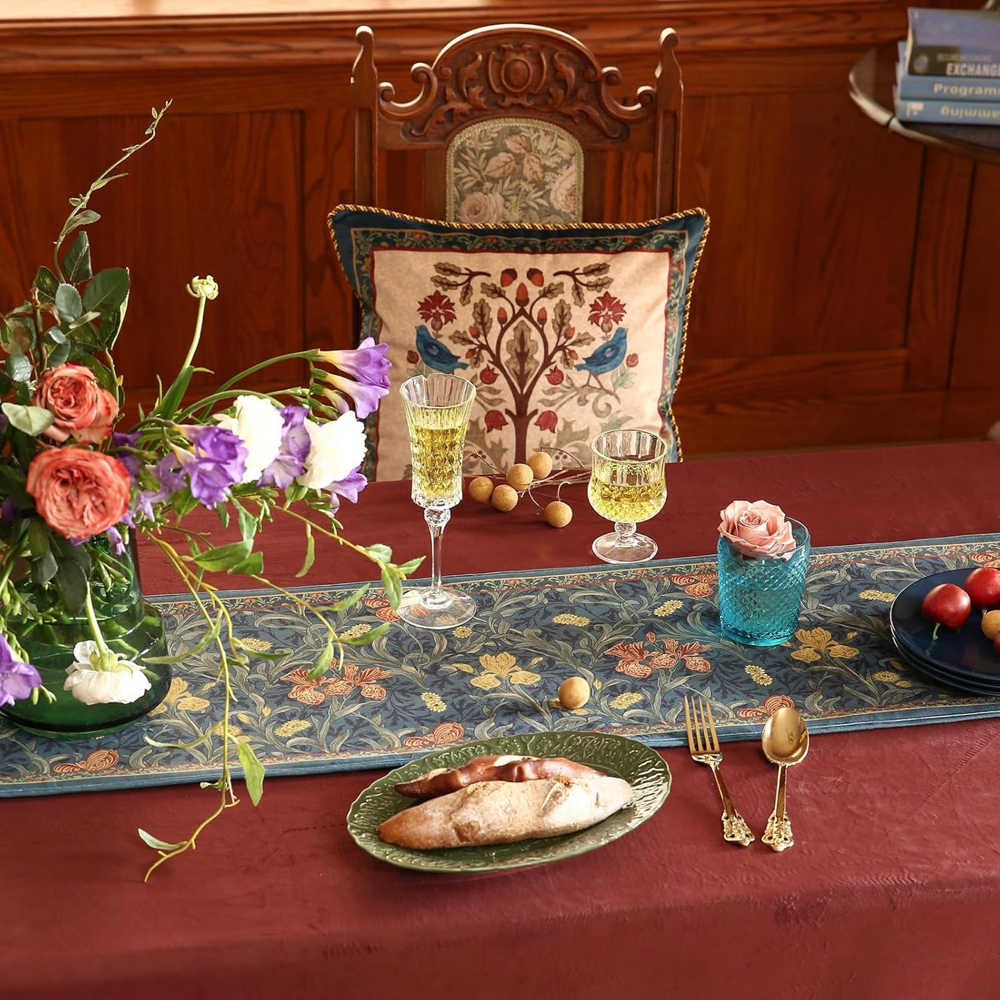 patdrea Designer Casual Wild Floral Velvet Table Runner 87 Inch Long, Dark Blue Occult Bouquets Pattern Table Mat, Decoration for Kitchen Dining Coffee Table Cabinet Banquet Thanksgiving,12"*87"