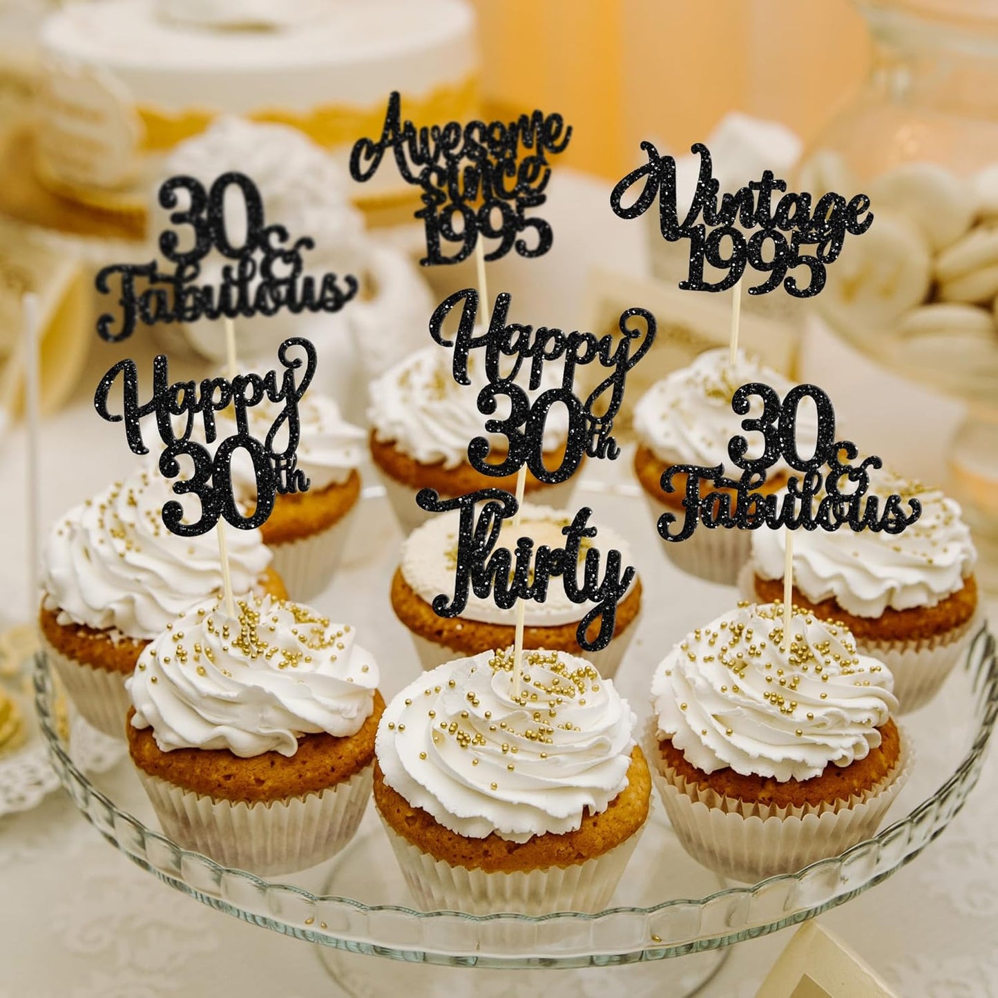 30Pcs Happy 30th Birthday Cupcake Toppers Glitter Thirty Vintage 1995 Cupcake Picks Cheers to 30 Fabulous Cake Decorations for 30th Birthday Wedding Anniversary Party Supplies Black