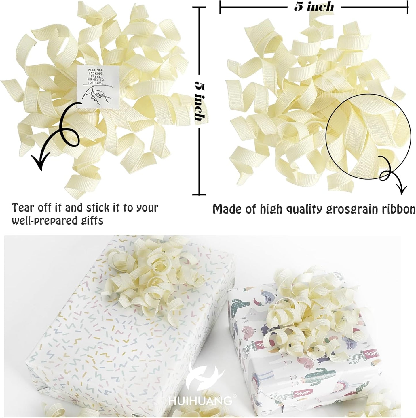 HUIHUANG Ivory Bows for Gift Wrapping, White Curly Ribbon Bows Self Adhesive Burst Gift Bow for Presents, Wine Bottle, Treat Bags, Wrap Accessories, Bridal Shower Wedding Party Favor - 6 Counts