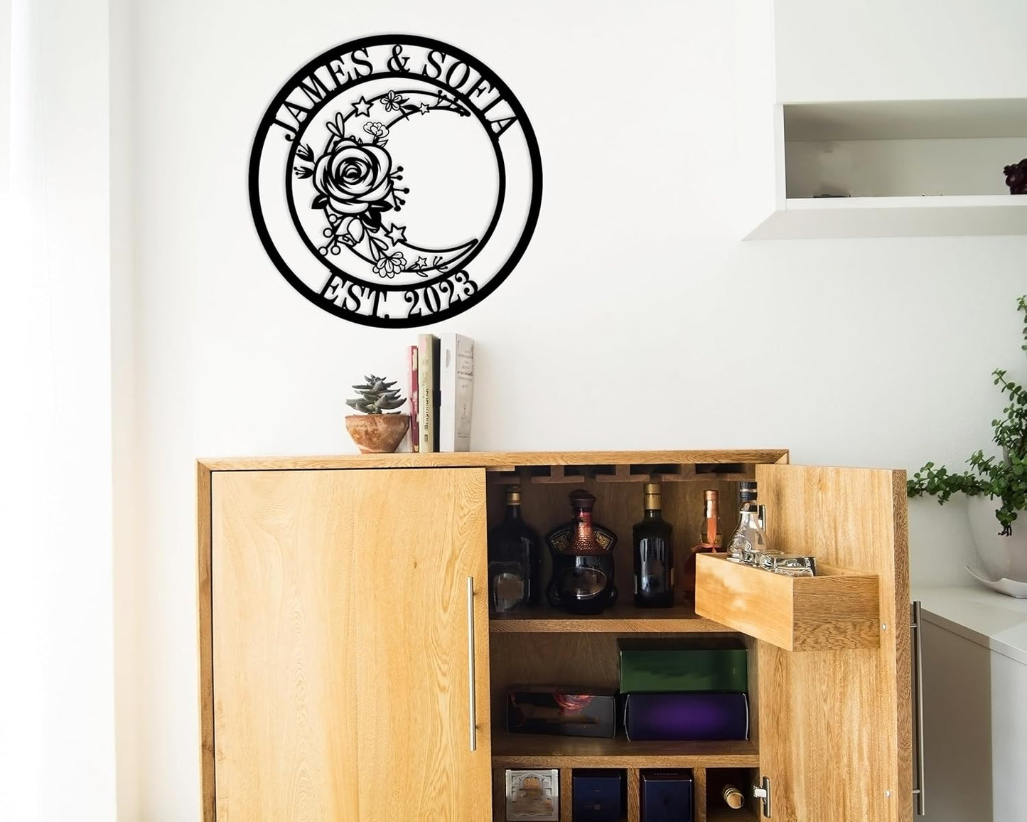 Moon Metal Floral Art Decor Black Boho Large Floral Moon and Star Phase Wall signs for Half Moon Flower Sculpture Hanging Wall Decor for Bedroom