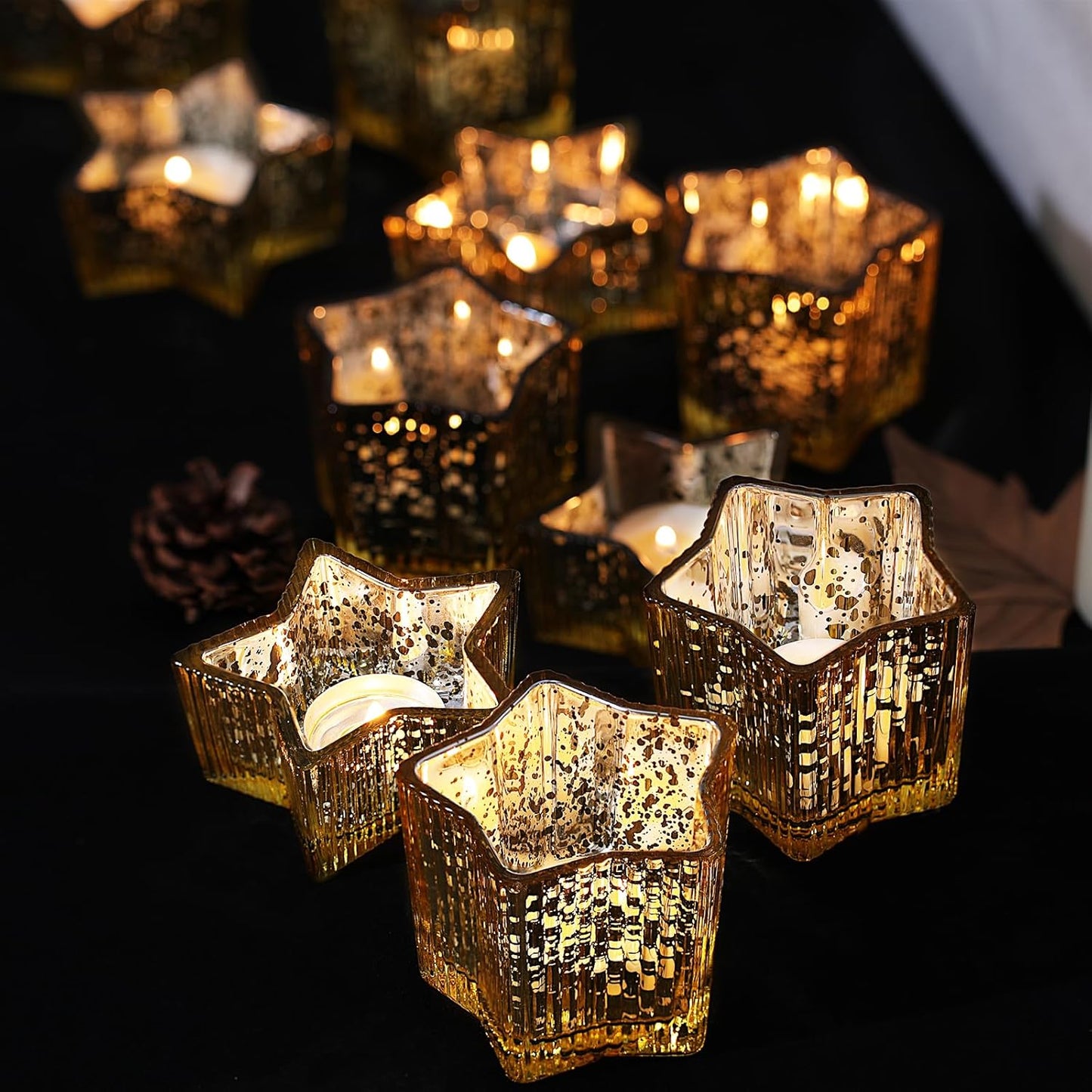 Letine 10pcs Gold Ribbed Candle Cups – Assorted Height Tea Light & Votive Candle Holders for Diwali, Wedding, Table Centerpiece, Fall & Holiday Decor – Lucky Star Jar (Tall 2.44", Short 1.57")